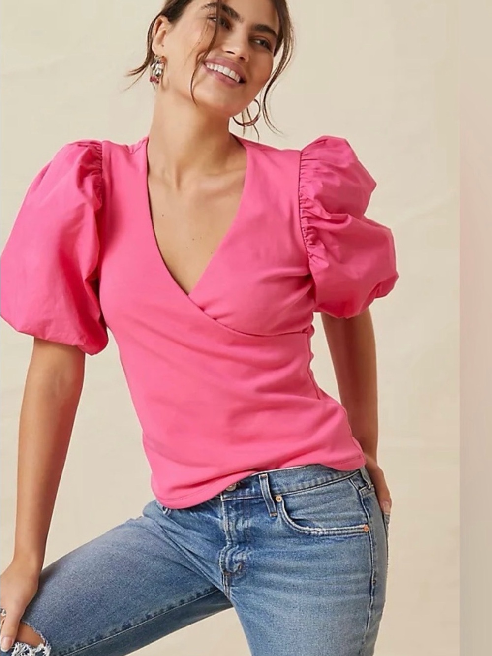 Anthropologie Maeve Hot Pink Puff Sleeve Wrap-Style Top